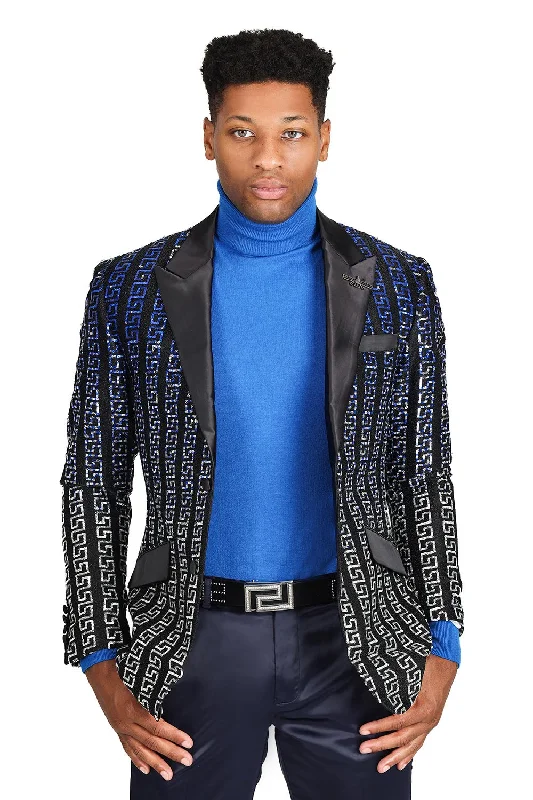 Barabas Greek Motif Sequin Blazer Royal/Silveri