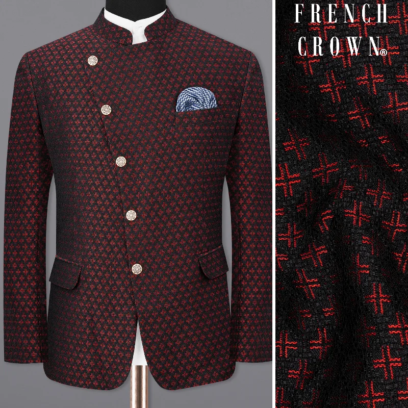 Claret Red and Jade Black Houndstooth Texture Cross Placket Bandhgala Blazer