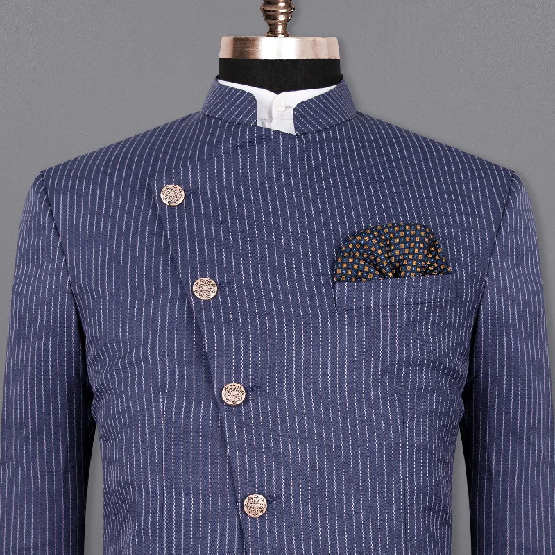 Martinique Blue with Prelude Striped Cross Placket Bandhgala/Mandarin Corduroy Premium Cotton Blazer