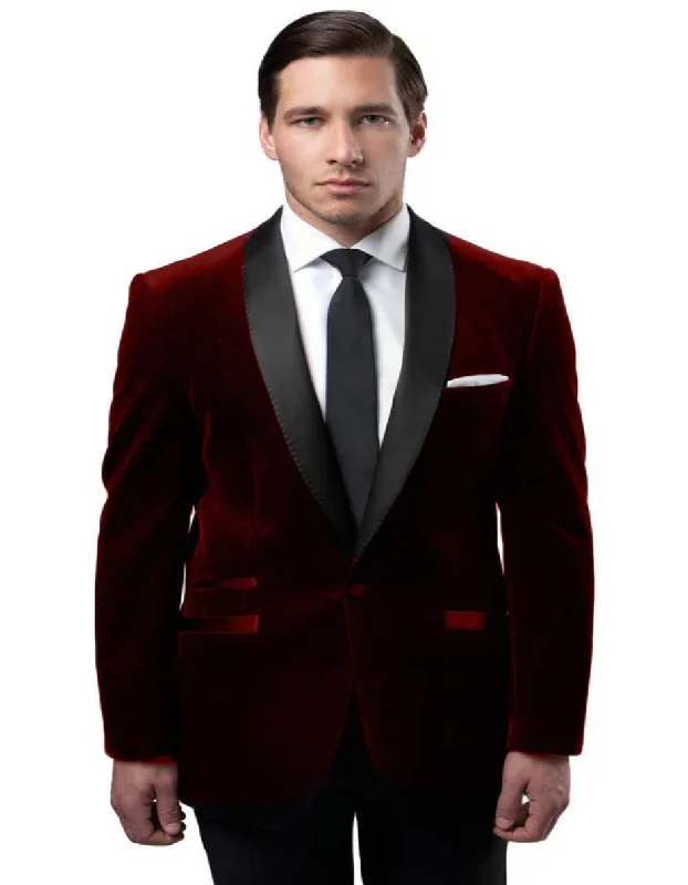 Men's One Button Velvet Shawl Burgundy Collar Tuxedo Jacket