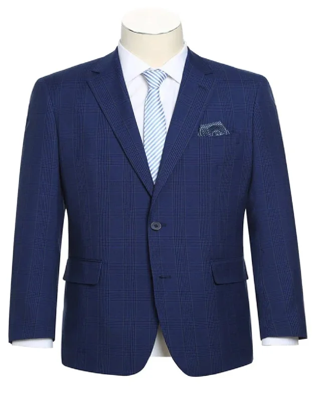 Mens Two Button Classic Fit Sport Coat  Dark Navy Blue Windowpane Plaid Blazer