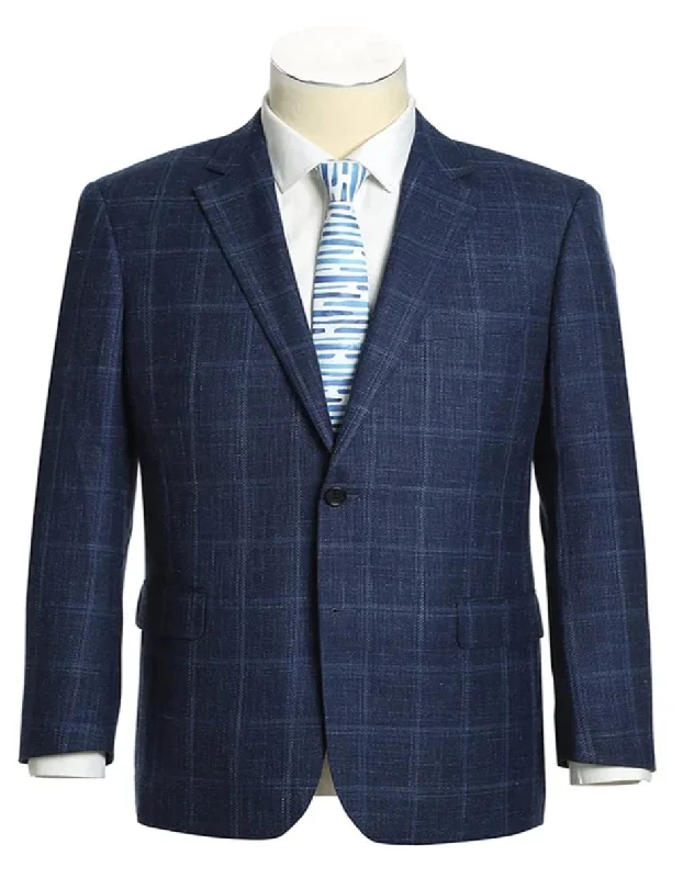 Mens Two Button Classic Fit Wool Sport Coat Navy Blue Windowpane Plaid Blazer