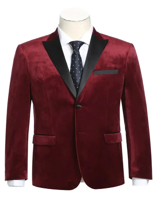 Mens Two Button Peak Lapel Velvet Prom Red Blazer Tuxedo