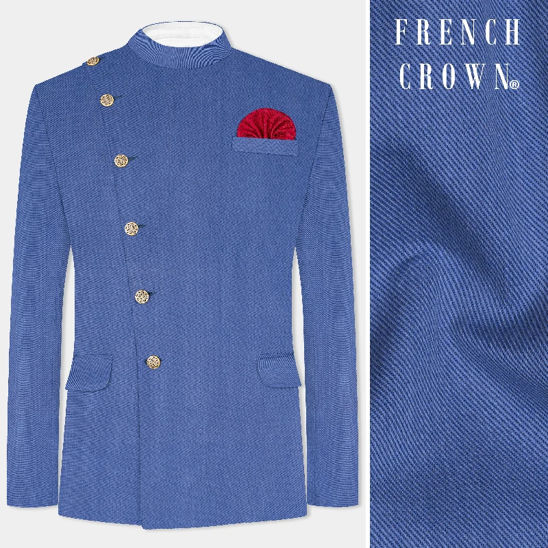 Twilight Blue Premium Cotton Cross Placket Bandhgala Blazer