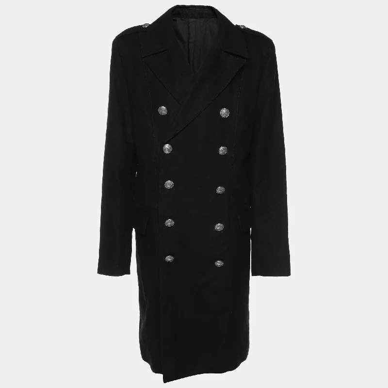 Balmain Black Viscose Blend Double Breasted Long Coat