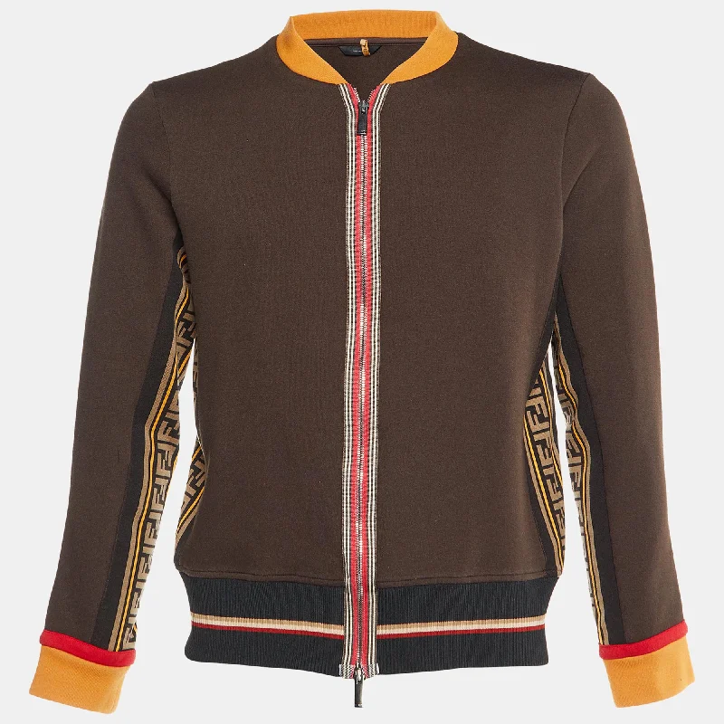 Fendi Brown Knit Zucca Ff Logo Trimmed Zip-Up Jacket