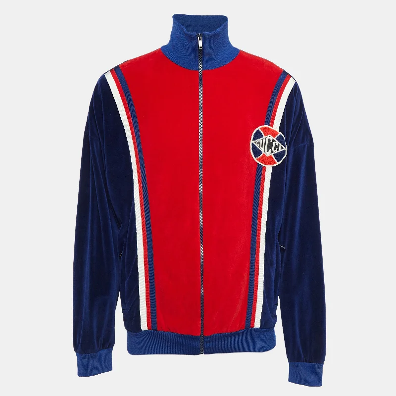 Gucci Blue Colorblocked Velour Applique Retro Loose Jacket