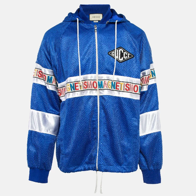 Gucci Blue Mesh Magnetismo Tape Detail Hooded Jacket