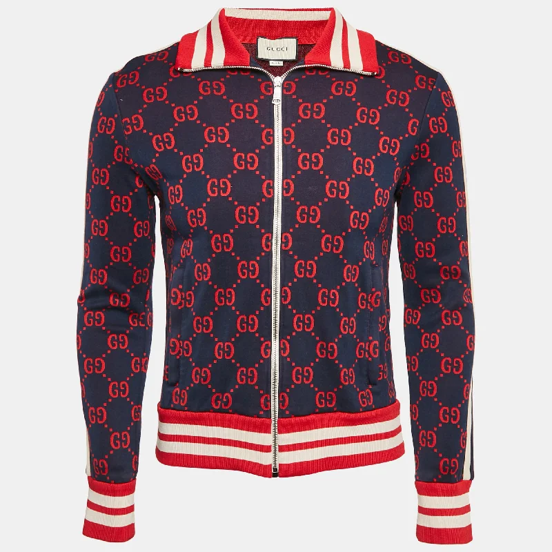 Gucci Navy Blue Gg Jacquard Cotton Knit Zip-Up Jacket