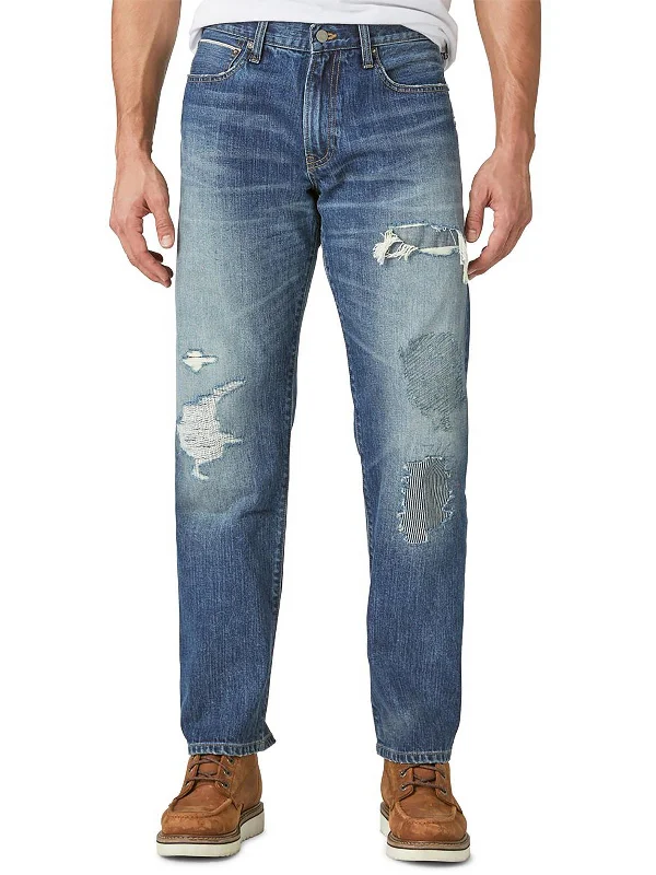 Mens Destroyed Medium Wash Straight Leg Jeans