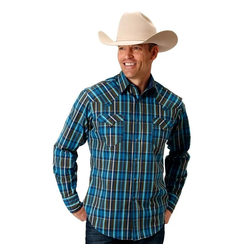 Roper Western Shirt Mens L/S Plaid Snap Blue 03-001-0062-0109 BU