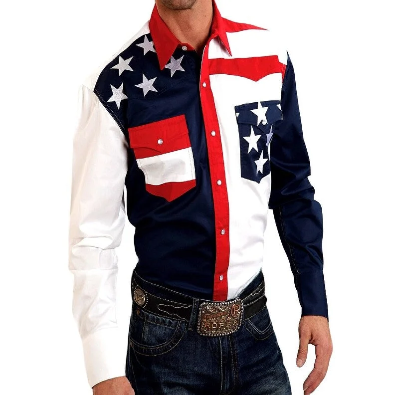 Roper Western Shirt Mens L/S USA Flag Snap Blue 03-001-0185-0304 BU