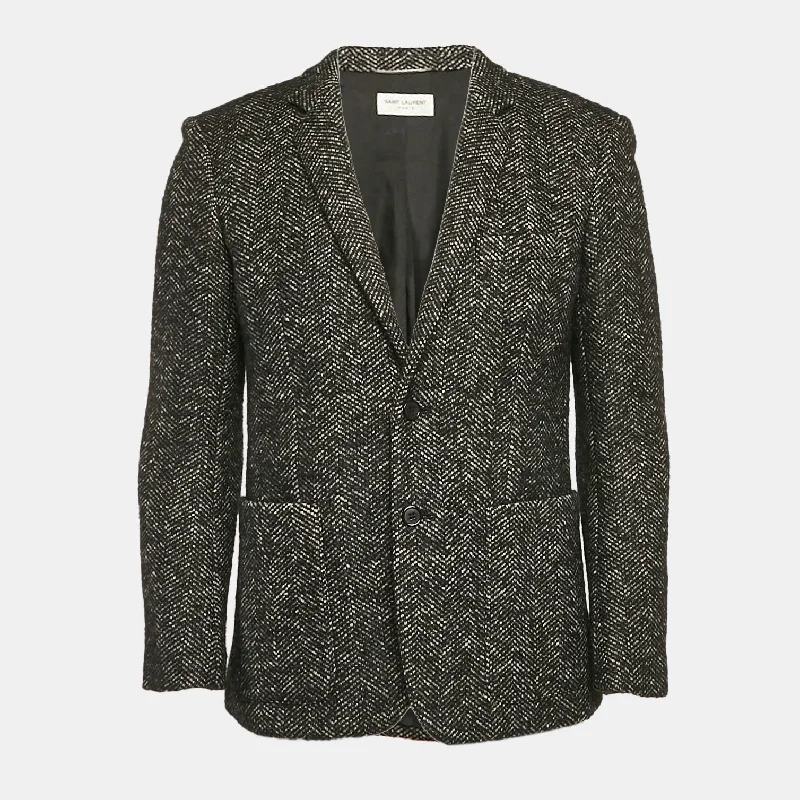 Saint Laurent Grey Herringbone Tweed Double Pea Coat