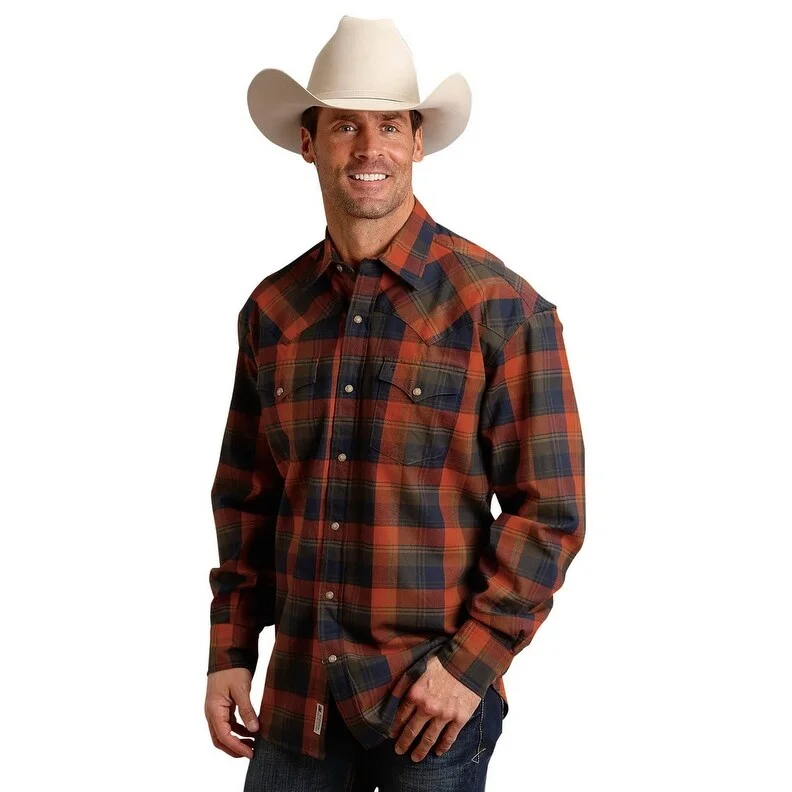 Stetson Western Shirt Mens L/S Plaid Snap Orange 11-001-0478-7092 OR