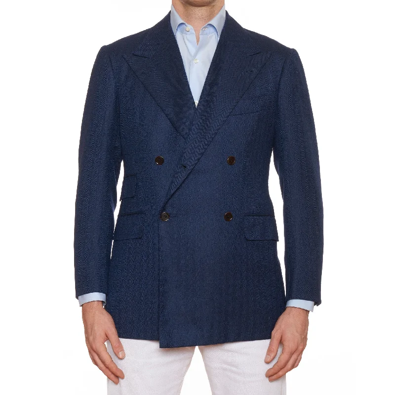 Sartoria CHIAIA Bespoke Handmade Blue Herringbone Wool-Cashmere DB Jacket 50 NEW US 40