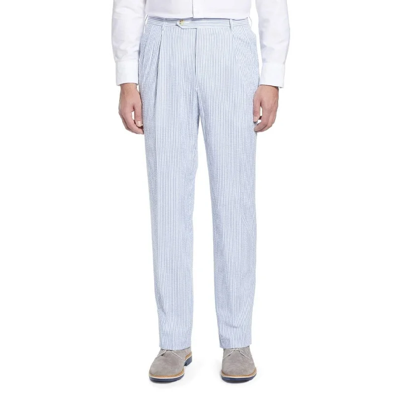 Seersucker Cotton Pant in Light Blue and White (Windsor Double Reverse Pleat) by Berle