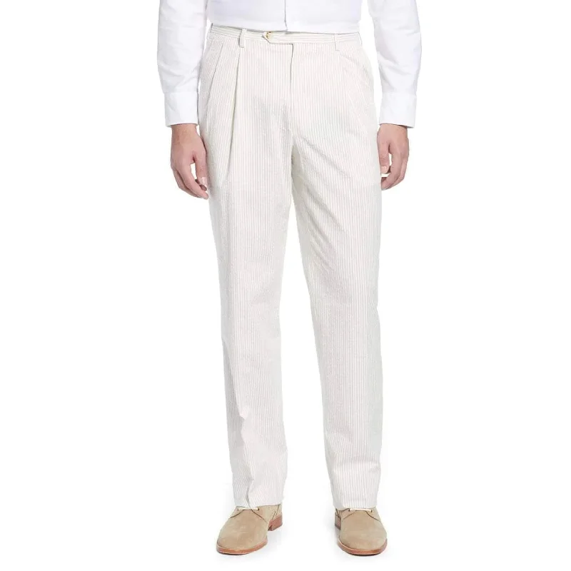 Seersucker Cotton Pant in Tan and White (Windsor Double Reverse Pleat) by Berle