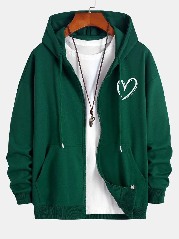 Heart Print Relax Fit Zip Hoodie