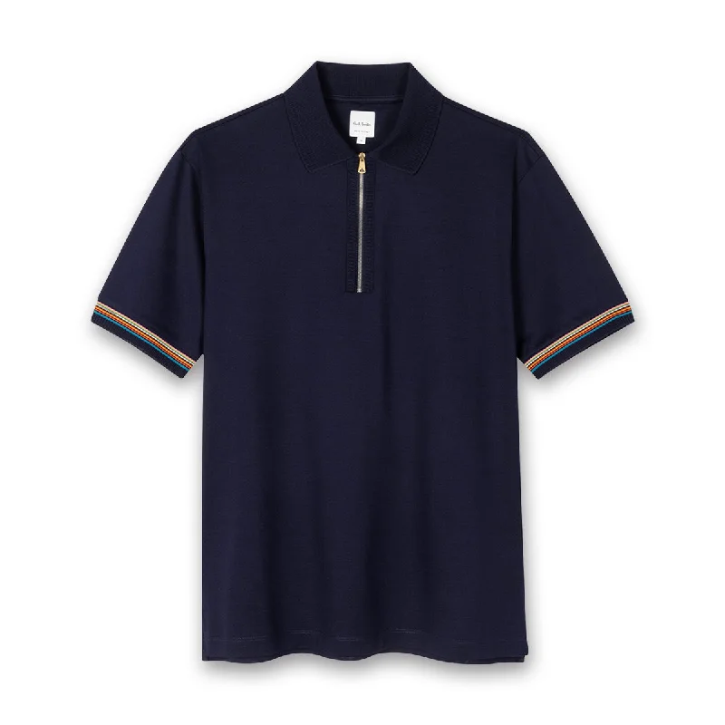 Paul Smith - 'Signature Stripe' Trim Zip Polo Shirt in Navy