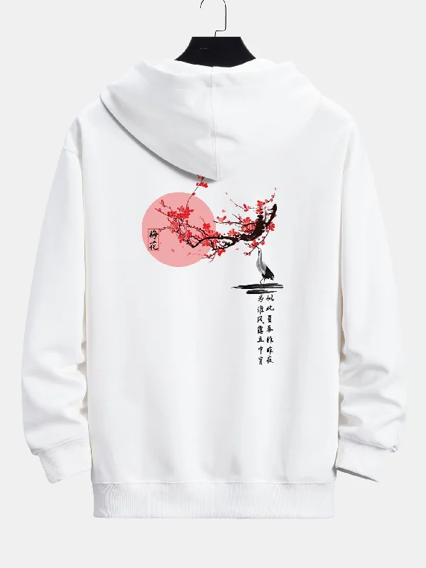 Plum Blossom And Crane Back Print Relax Fit Hoodie